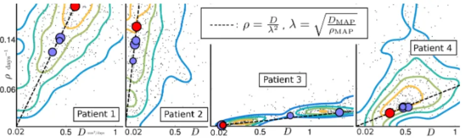 Fig. 4: Posterior estimation for the 4 real cases. The blue dots are the three best BOBYQA solutions