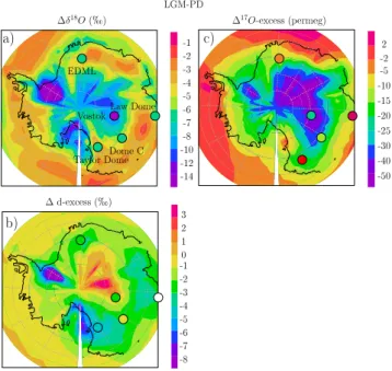 Fig. 7. LGM minus present-day difference in precipitation δ 18 O, d-excess and 17 O-excess in Antarctica observed in ice cores (colored circles) and simulated (shaded) by LMDZ over Antarctica