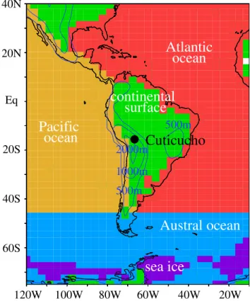 Figure 8. Map illustrating the tagging deﬁnition around South America : water evaporating over the red, orange, and blue areas is tagged as Atlantic, Paciﬁc, and Austral, respectively