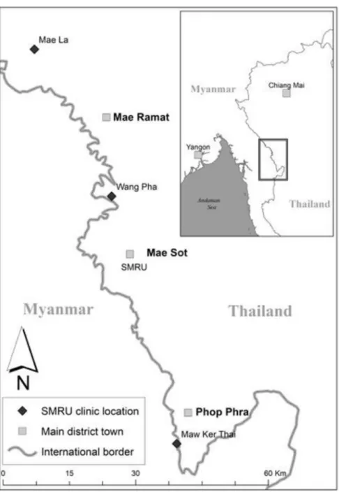 Figure 1  Location of the three SMRU clinics. The three clinics are Mae La clinic for refugees, Wang Pha clinic and Maw  Ker Thai clinic for migrant population