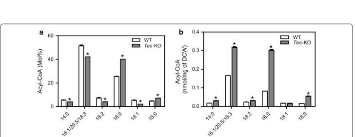 Fig. 8  The effect of disruption of acyl-CoA thioesterase gene (ptTES1) on the acyl-CoA pool of P
