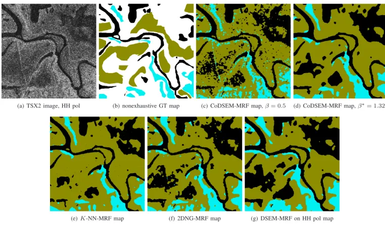 Fig. 2. (a) TSX2 image (750 × 750) in HH polarization, (b) nonexhaustive ground truth (GT) map (water ¥, wet soil ¥, dry soil ¥, outside GT ¤) and classification maps (water ¥, wet soil ¥, dry soil ¥): CoDSEM-MRF with (c) manually set β = 0.5 and (d) autom