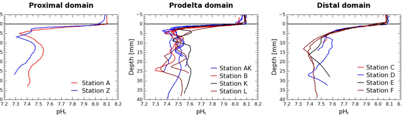 Figure 4. All pH t micro profiles measured during the DICASE cruise in the proximal, prodelta and distal domains