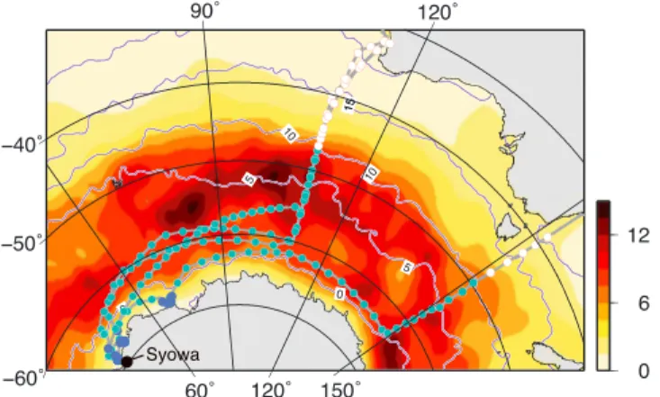 Figure 1. JARE cruise track (gray line) overlaid on a map of the summer cyclone track density during the observation period (2013/2014 and 2014/2015)