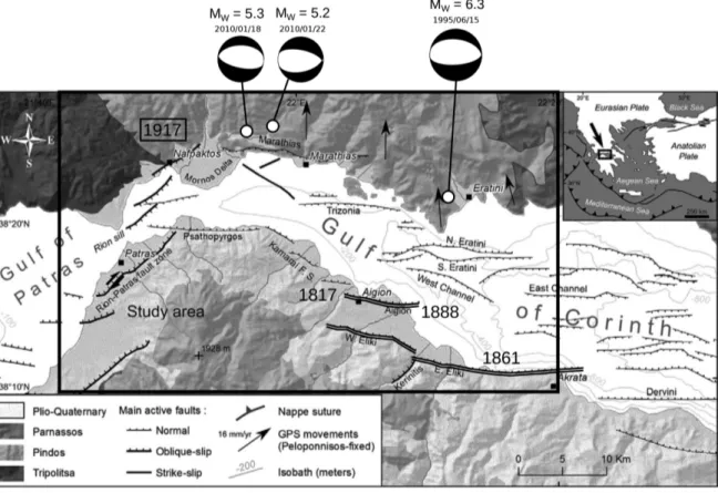 Figure 1. Tectonic map of the central and western part of the Corinth Rift. Onshore active faults are from Ford et al