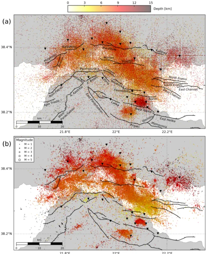 Figure 3. Maps of initial and relocated earthquakes. (a) Map of selected earthquakes for the relocation (n = 115 000) from 2000 to 2015, recorded by four or more stations (triangles) with at least six picked phases