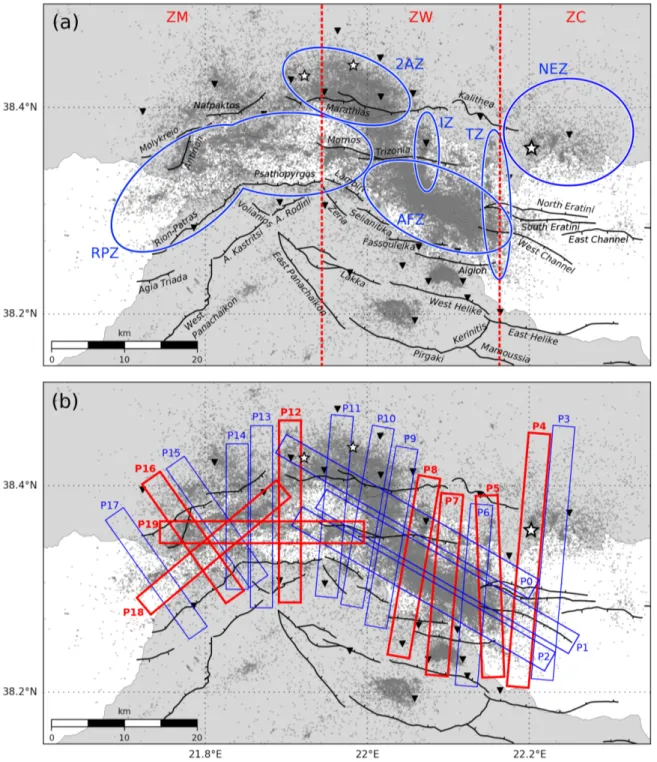Figure 4. Main structures discussed and clusters delineated by the relocated seismicity