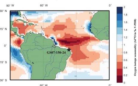 Figure 3. Location Map of RETRO multi-core GS07-150-24 plotted on a basemap of sea surface δ 18 O eq seasonality