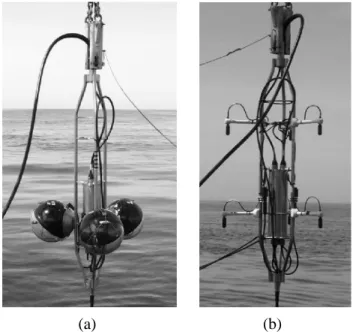 Figure 3. Photographs of the two non-standard storeys of the AMADEUS system during their deployment: (a) The lower-most Acoustic Storey on Line 12 equipped with Acoustic Modules; (b) the central Acoustic Storey on Line 12 with the hydrophones pointing down
