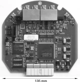 Figure 8. An AcouADC board. The four connectors for the two differential input signals are located at the top, the analogue signal processing electronics is covered by metal shields.