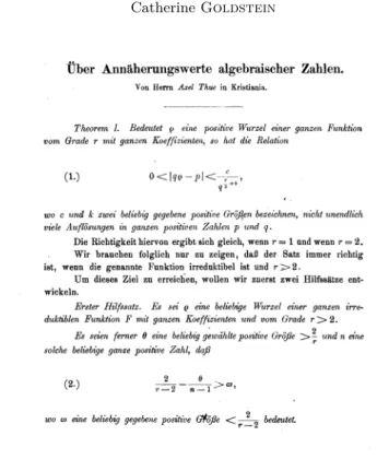 Figure 3.1. First page of Thue’s 1909 article, displaying Theorem I