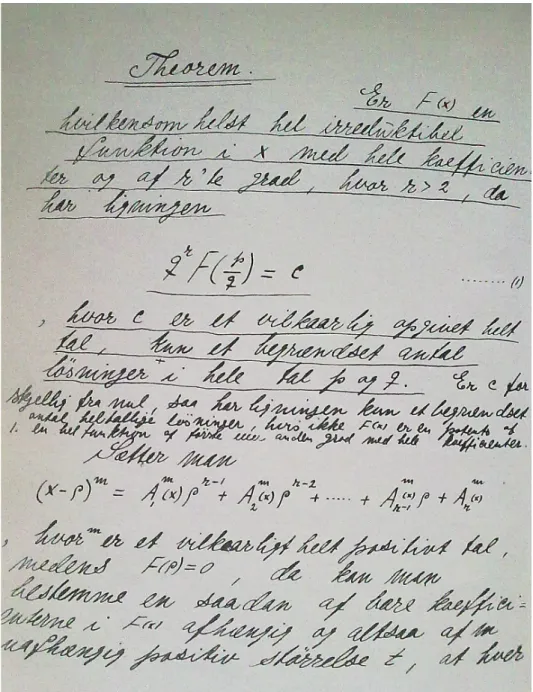 Figure 3.2. Manuscript of A. Thue’s “Om en general i store hele tal uløsbar ligning,” published in 1908.