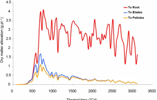 Fig. 9 Biomass allocation between blade, petiole and root compartments simulated by the GreenLab  model 