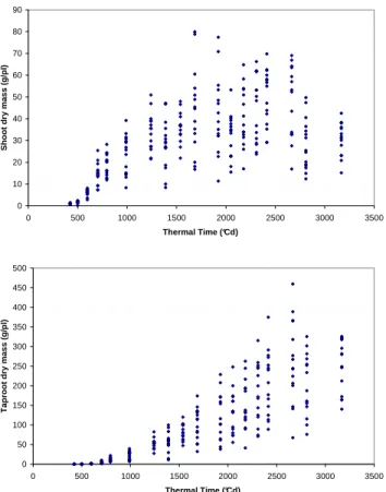 Figure 2. Inter-individual variability of sugar beet phyl- phyl-lochron: number of phytomers versus thermal time for all measured individuals.