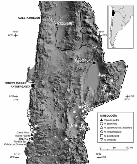 Figura 1. Mapa de la ubicación del cementerio de El Vertedero Municipal de Antofagasta y los sitios arqueológicos donde se han recuperado pipas de piedra en “T” invertida (nombres en letras cursivas)