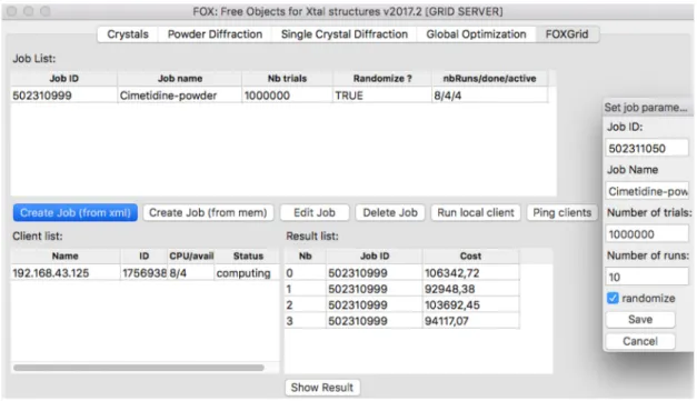 Figure 2. FOXGrid server interface, giving access to distributed computing options. In this example,  a single job has been loaded, with 4 runs done out of 8