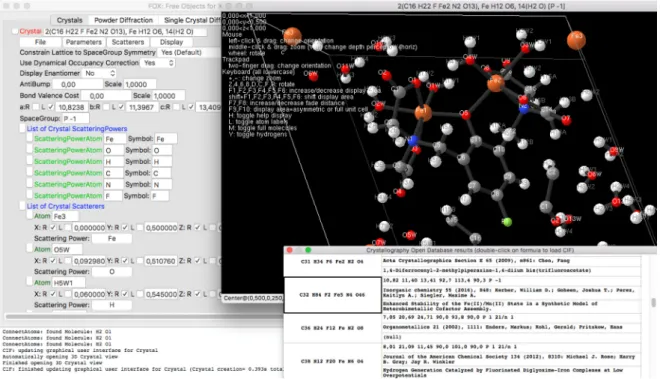 Figure 3. Main FOX interface. Left: main window with the beginning of the description of a crystal  structure