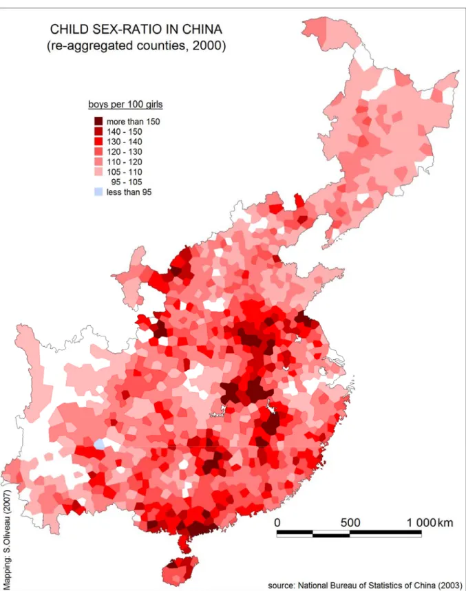 Figure 8: Child sex ratio in China, re-aggregated counties, 2000. 