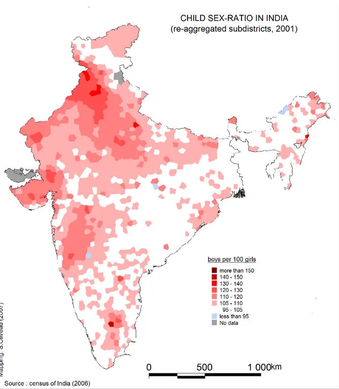 Figure 9: Child sex ratio in India, re-aggregated subdistricts, 2001. 