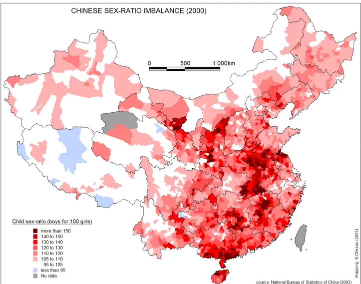 Figure 2: Child sex ratio in China, counties, 2000. 