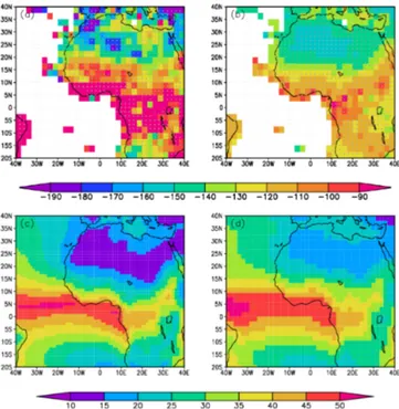 Figure 2. Time–latitude diagrams of δD (‰) in column vapor aver- aver-aged over 5 ◦ W–5 ◦ E from 2003 to 2007 by (a) SCIAMACHY and (b) collocated IsoGSM