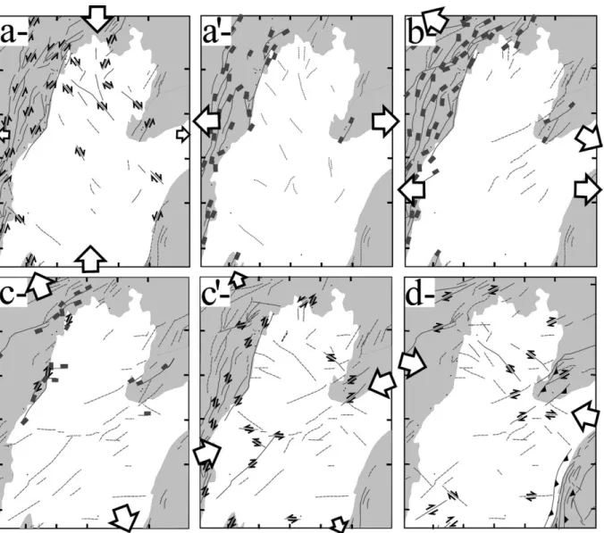 Fig. 8 . Preliminary structural sketch maps (shown on present-day structural map) for each reconstructed tectonic event, deduced from local paleostress reconstructions