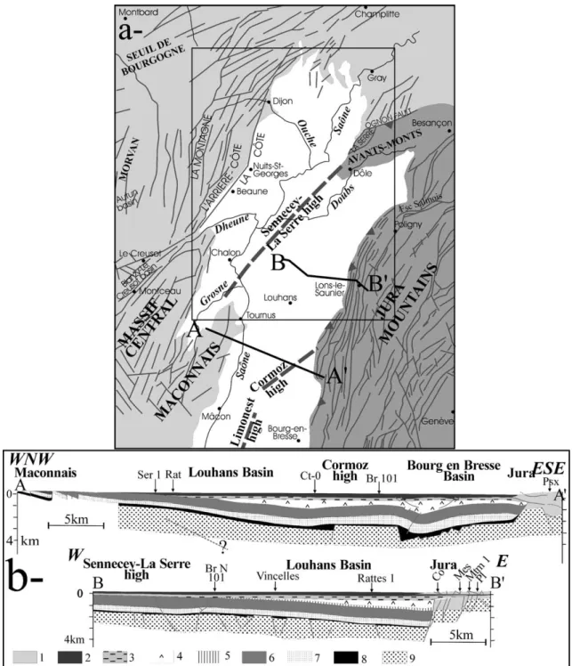 Fig. 1 . (a) Regional setting of the study area. Bresse graben is in white, Jura in dark grey, western edge of Bresse graben, Burgundy and Massif Central in pale grey