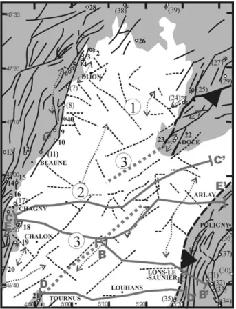 Fig. 5 . Faulting (black dashed lines) and folding (anticline axes in grey dotted arrows) in the Bresse graben (white background) deduced from anomalies of drainage network (Fig