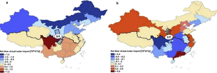 Fig. 9. Maize-related net blue virtual water imports per province in Trade Stage 1 (a) and Trade Stage 2 (b) in the year 2013