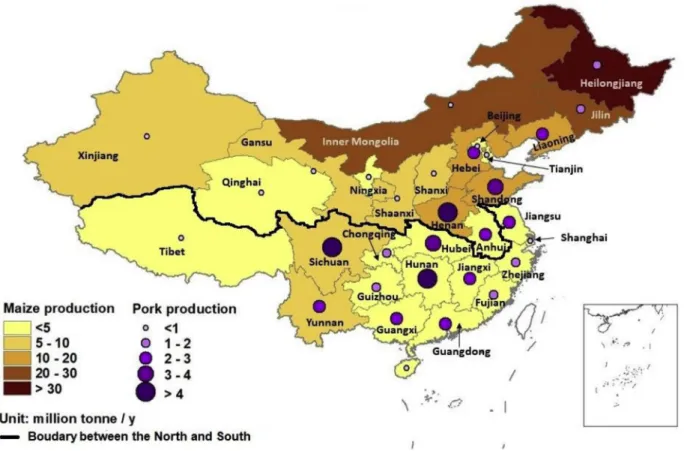 Fig. 2. Maize and pork production per province in China 2013. Data source: NBSC (2018).