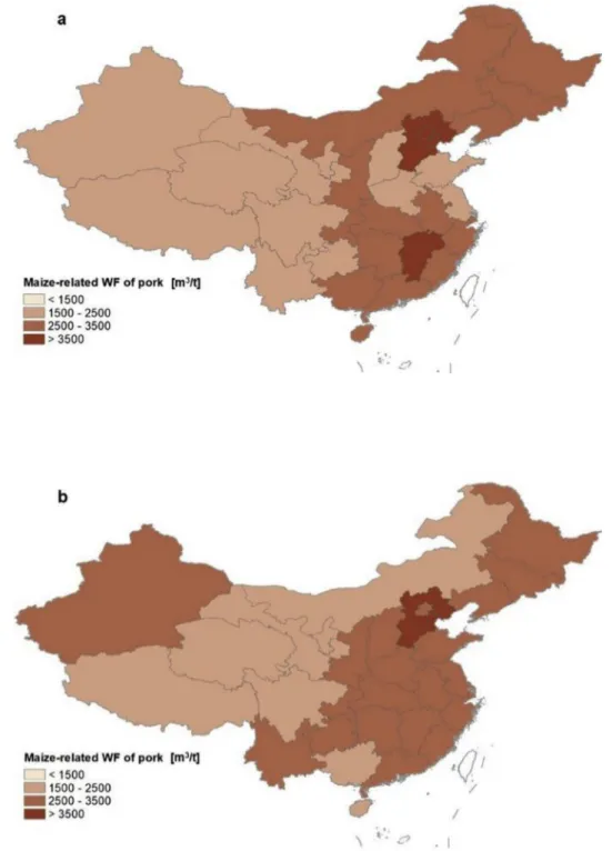 Fig. 5. The spatial distribution of maize-related water footprint per tonne of pork in the years 2000 (a) and 2013 (b).