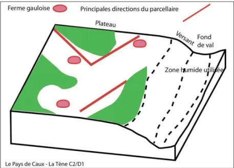 Figure 2 : Structure du bloc-diagramme évoquant le paysage du Pays de Caux à la  fi  n de la période gauloise (bloc -100).