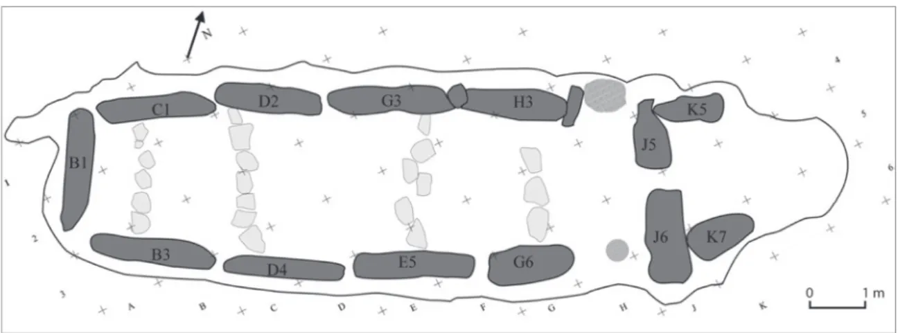 Fig. 1 : Architecture originelle et nom des orthostates de l’allée sépulcrale de La Chaussée-Tirancourt (les zones grisées en J4 et H6  correspondent à des écrasements du substrat marquant l’ancien emplacement d’orthostates ; le trait continu correspond au