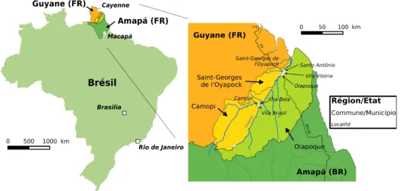 Figure 1 : Localisation et cartographie de la ZTGA. La partie plus claire définit la zone transfrontalière d'intérêt.