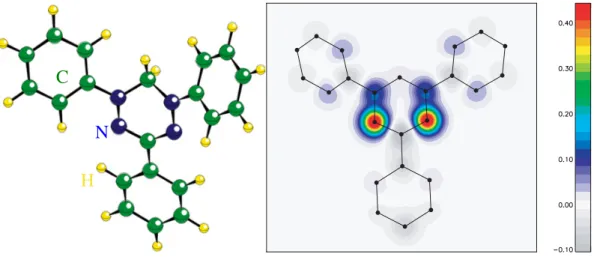 Figure 4. View of the TPV molecule (left) and experimental magnetization distribution (right) as measured by polarized neutron diffraction.