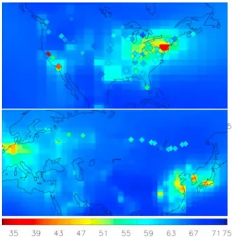 Figure 6. Comparison of observed D 14 CO 2 spatial distribution with the model. Observed values are the colored diamonds, superimposed on the modeled  distribu-tion