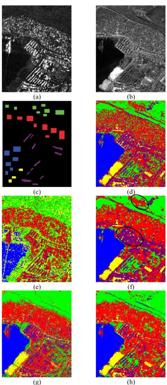 Fig. 3.  (a) SAR image (© ASI), (b) one channel from the optical  image  (©  GeoEye),  (c)  the  available  ground  truth,  (d)   hierar-chical  MRF-based  classification  obtained  from  the  optical   im-age, using method in  [6], (e) hierarchical MRF-ba
