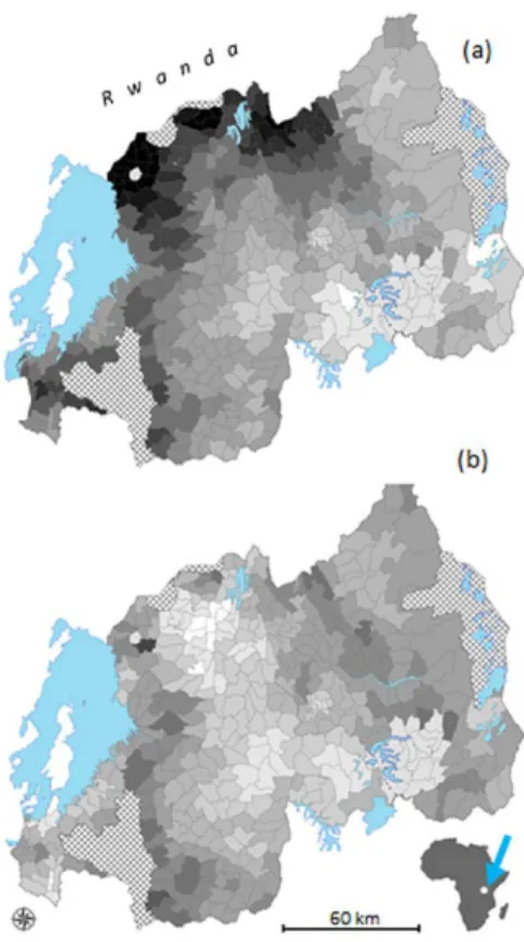 Figure 1.  a) Setcor  average values of topsoil  organic carbom (SOC) computed from the  AfSoilGrids250m and b)  Same map locally  adapted by 100 soil samples