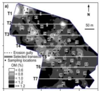 Figure 1  Spatial distribution of predicted organic matter content (OM –  %) at the depth of 0–0.1 m  across the olive grove using a quasi-3d inversion-based modelling