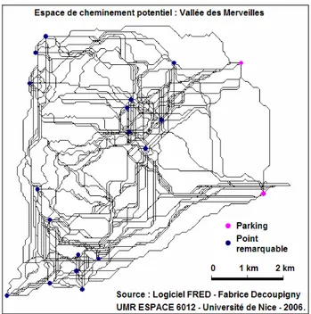 Figure 4 : Simulation des cheminements pédestres  sur les espaces naturels de la Vallée des Merveilles au  départ des parkings 