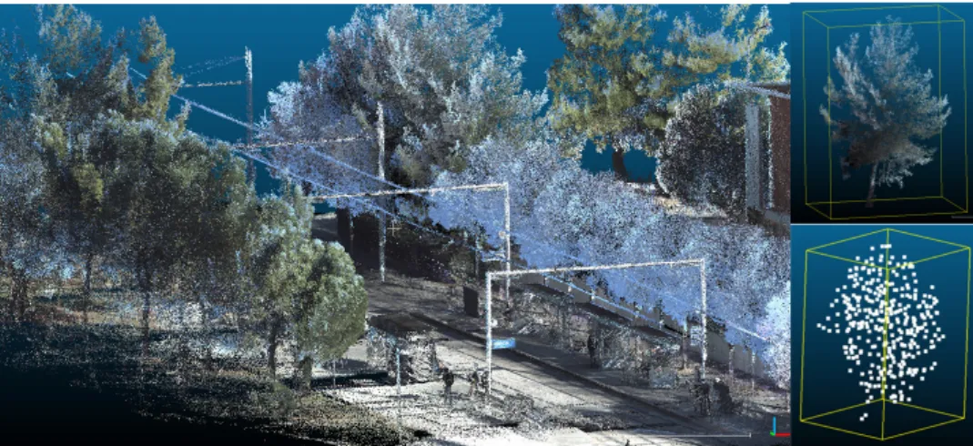 Figure 2: Left: part of the LiDAR acquisition of an urban scene. We can recognize a tramway railway and trees