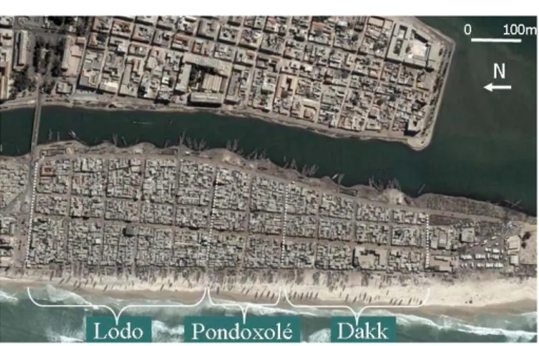 Fig. 2.- Le quartier de Guet-Ndar à Saint-Louis,  composé des quartiers de Lodo, Pondoxolé et Dakk 