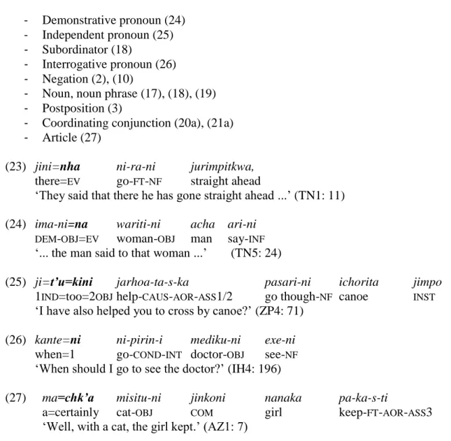 Table 5. Frequency of the constituents in first position to which pronominal enclitics are  attached  + frequent  %  Adverb  19.8  Subordinator  17.6  Verb  17.5  Deictic marker  10.8  Demonstrative pronoun  9.8  Independent pronoun  8.1 