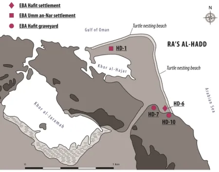 Figure 3 The Ra’s al-Hadd area, showing locations of archeological sites mentioned in the text, as well as present-day turtle nesting beaches