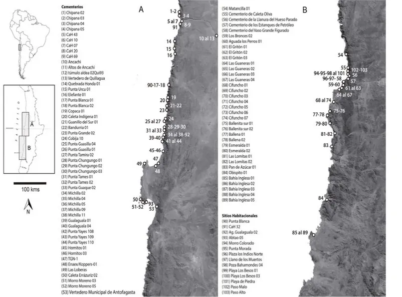 Figura 1. Mapa con la ubicación de cementerios de túmulos y sitios habitacionales de la costa del desierto de Atacama.