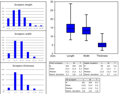 Fig. 5. Scrapers’ length, width and thickness in mm. 