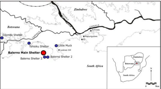Fig. 2. Map of  the Shashe-Limpopo Confluence Area (SLCA) with location of  Balerno Main Shelter and  other sub-contemporaneous archaeological sites, modified after Van Doornum 2008.