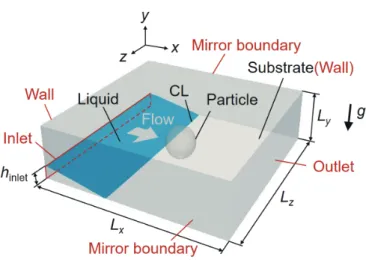 Figure 1: Computational domain of spreading liquid film on horizontal substrate with a single particle.