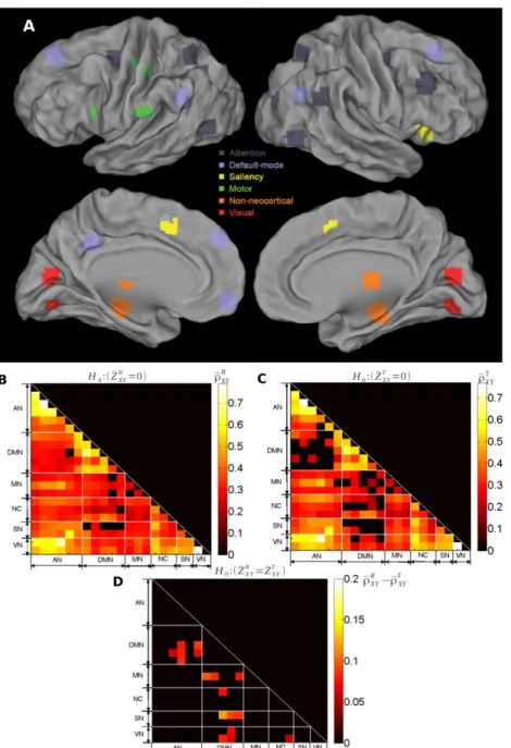 Figure 1: Networks definition and correlation structure. Top (A): ROIs mapped onto the cortical surface, with each color denoting a different network