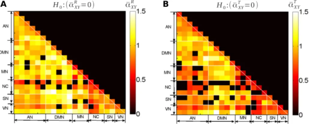 Figure 6: Cross-spectrum scaling exponents. Group-average values of the scaling exponent of the cross- cross-spectrum at rest (A) and during task (B), i.e